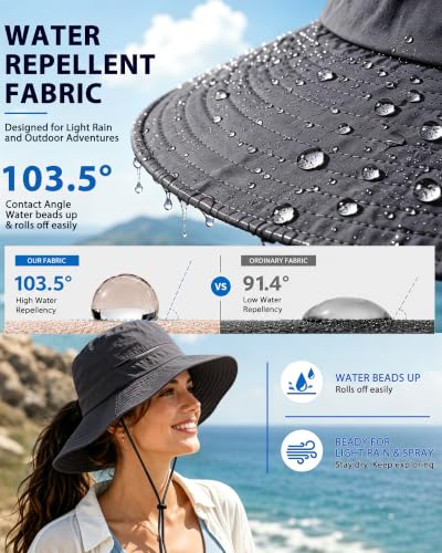 Womens Ponytail Sun Hat UPF50+ Waterproof Bucket Hat Packable Beach Hat - color: Dark Grey