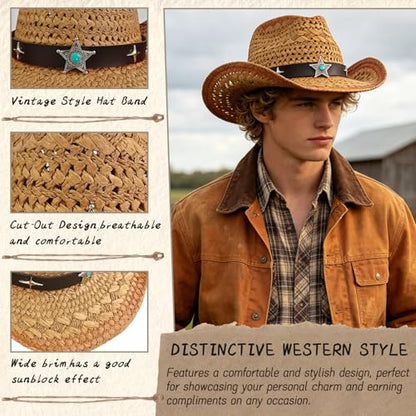 Straw Cowboy Hat for Women, Cowgirl Hat Wide Brim Western Cowboy Hat - color: Style7