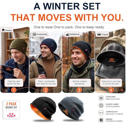 2 Pack Fleece Lined Beanie Hat Reversible Knit Skull Cap for Men Women - color: Black+mix Black