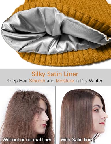 Satin Lined Wool Acrylic Blend Beanie Hat Women Men, Winter Knit Cap - color: Yellow