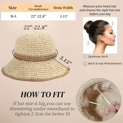 Floppy Big Beach Straw Hats for Women Foldable Summer Wide Brim Packable Sun Hat Womens Travel Straw Fedora Hat - color: Beige-khaki