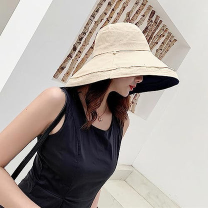 Women Wide Brim Sun Hats Metal Wired Edge Summer UV Protection Beach Fishing Hat for Hiking Garden Travel Chin Strap - color: Lant001-black, size: One Size