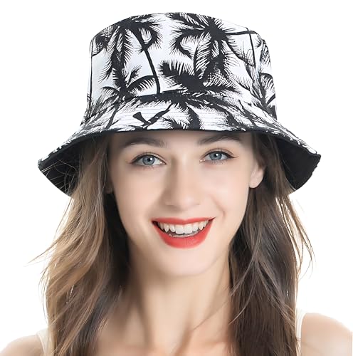 ZLYC Printed Bucket Hat for Women Men Packable Summer Sun Hat for Beach - color: Palm Tree Black