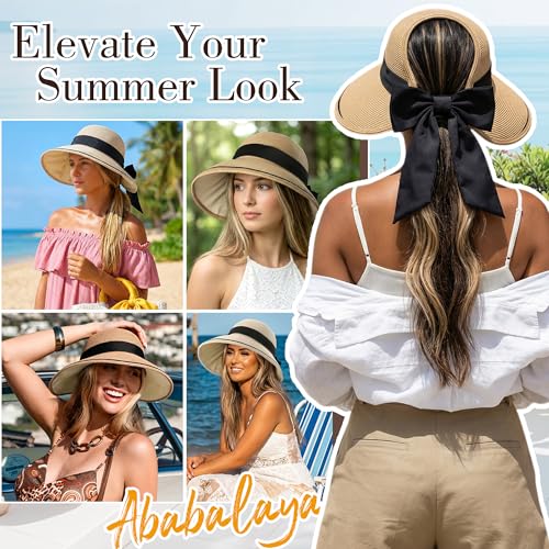 Ababalaya Women’s Sun Hats Roll Up UV Straw Beach Hat with Chic Bowknot - color: Marled Khaki
