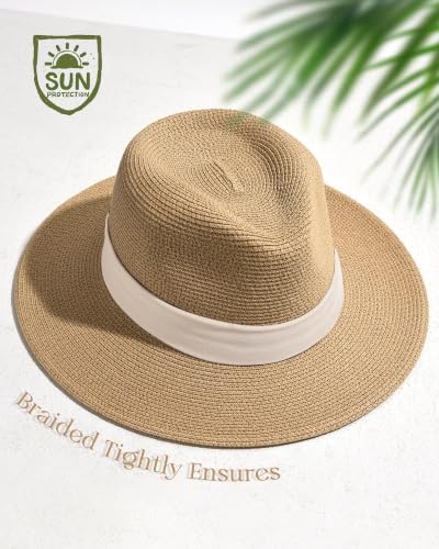 FURTALK Sun Hat Wide Brim Straw Fedora Panama Beach for Men Women - color: Khaki+white, size: Large-X-Large