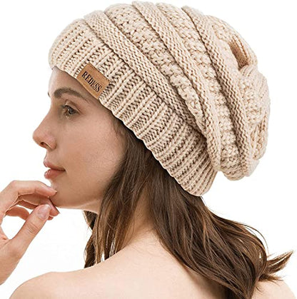 REDESS Slouchy Beanie Hat for Men and Women Winter Warm Knit Hat Chunky Soft Oversized Cable Cap - color: A3 Beige