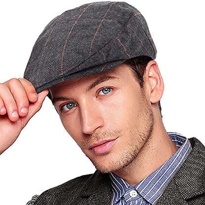 Herringbone Flat Ivy Newsboy Cap for Men 1920s Wool Blend Tweed Cabbie Hat - color: 001 Plaid Black, size: Small-Medium