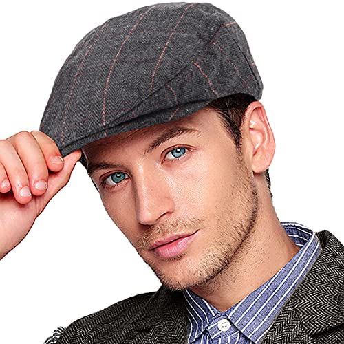 Herringbone Flat Ivy Newsboy Cap for Men 1920s Wool Blend Tweed Cabbie Hat - color: 001 Plaid Black, size: X-Large-XX-Large