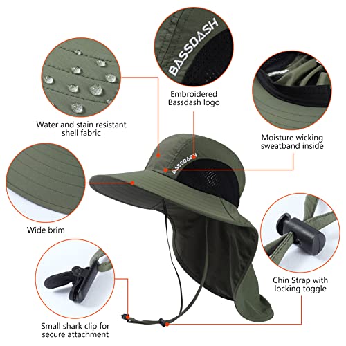 BASSDASH UPF 50+ Unisex Water Resistant Wide Brim Sun Hat with Large Neck Flap Ponytail Fishing Hat for Men Women - color: Army Green