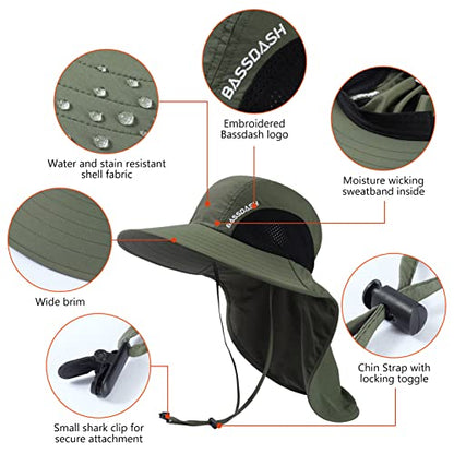 BASSDASH UPF 50+ Unisex Water Resistant Wide Brim Sun Hat with Large Neck Flap Ponytail Fishing Hat for Men Women - color: Army Green