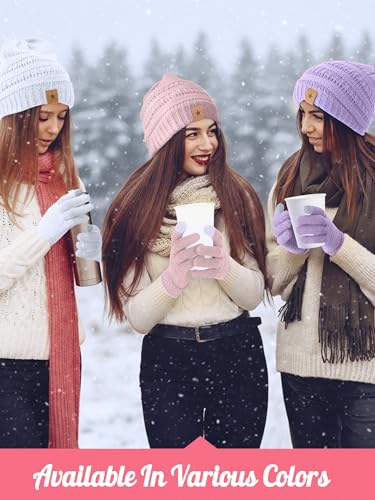 JaGely 6 Pcs Women Winter Beanie Hat Gloves Set Warm Knitted Hats and Touchscreen Gloves Lady Cold Winter Gifts for Christmas - color: White, Pink and Purple