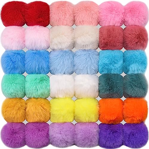 BQTQ 36 Pcs Faux Fur Pom Poms DIY Hat Pompoms with Elastic Loop (Bright) - color: Brilliant Color