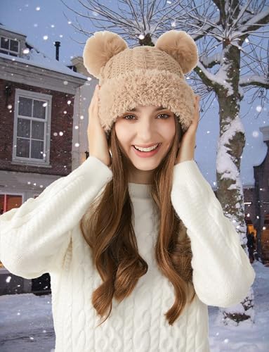 FEOYA Womens Knit Winter Beanie Hat with Faux Fur Pompom Fuzzy Cute Knit Fleece Lined Skull Cap - color: Khaki