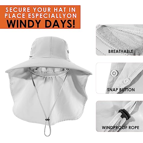 Mens Women Fishing Hat UPF 50+ Wide Brim Sun Hat with Face Cover & Neck Flap - color: Light Gray