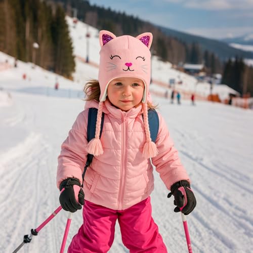 Toddler Girls Cat Ear Winter Hat Warm Knit Beanie Kids Earflap Cap for Cold Weather - color: Knitted Cat Pink