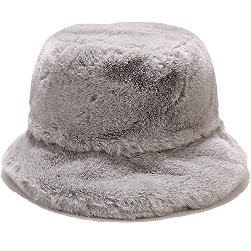 Winter Faux Fur Furry Bucket Hat Fluffy Fuzzy Warm Hat Plush Fisherman Hat for Women Men Teens Girls - color: A Grey
