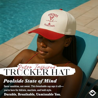 Funky Junque Adult Trucker Snapback Hat 2-Tone Baseball Cap - color: Bikinis and Martinis - Red/Beige