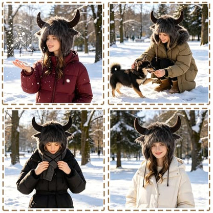 XGOPTS Winter Faux Fur Plush Hat with Horns Warm Animal Horn Ox Earflap Hat - color: Cofffee