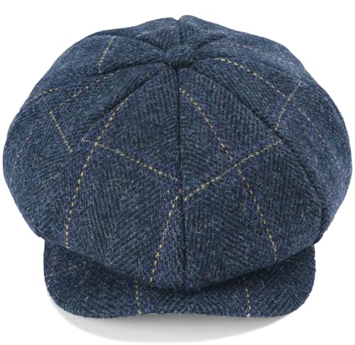Mens Newsboy Cap High Woolen Tweed Gatsby Hat Ivy Cabbie Flat Golf Cap for Fathers Women Unisex - color: Herringbone Golden Plaid, size: 7 1/8-7 1/4