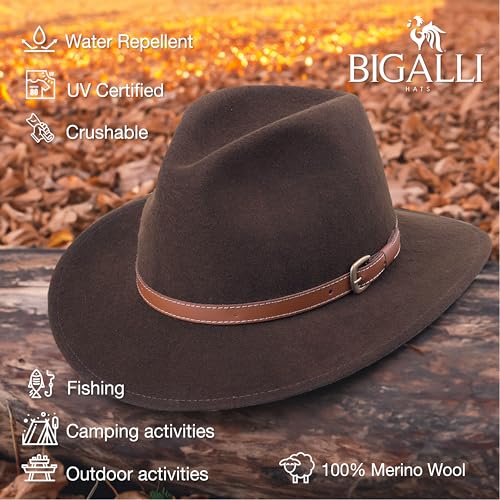 Bigalli Adventure Merino Wool Felt Fedora, for Men or Women, Crushable, Water-Resistant, UV Certified, Leather tirm | Outback - color: Cream, size: Small