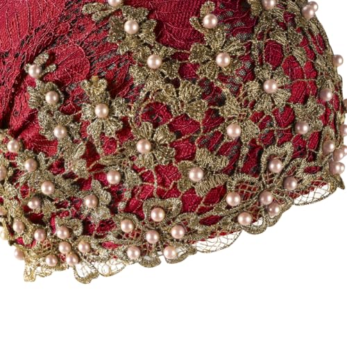 haozaikeji Women Flower Turban Hat Rhinestones Muslim Islamic Head Wrap African Pearl Turban Soft Stretchy Head Cover - color: Red