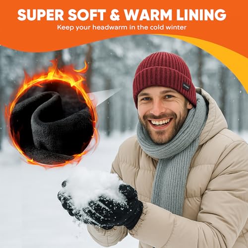 Winter Beanie Merino Wool Fleece Lined for Men Women Soft Warm Knit Hat Ski Stocking Cuffed Cap - color: Red