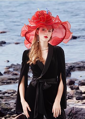 Z&X Women Organza Church Derby Hat Wide Brim Sun Hats for Wedding Tea Party Fascinator Hat, Dual-use - color: 1901- Red