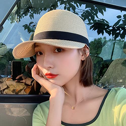 Summer Visor Hats for Women Foldable Floppy Solid Color Straw Sun Hat Travel Beach Baseball Cap - color: Beige