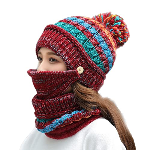 Ypser Women's Winter Warm Knitted Crochet Hat Fleece Lined Cable Faux Fur Pom Pom Beanie Hat Skull Cap - color: Red 3 Pcs Set (Hat & Scarf & Face Mask)