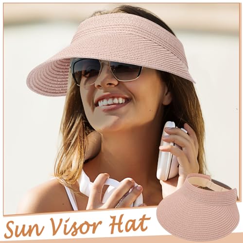 Chicingyou Sun Visor Hat for Women Wide Brim Straw Visors Beach Hat Ponytail UV UPF Packable Foldable Travel - color: Pink
