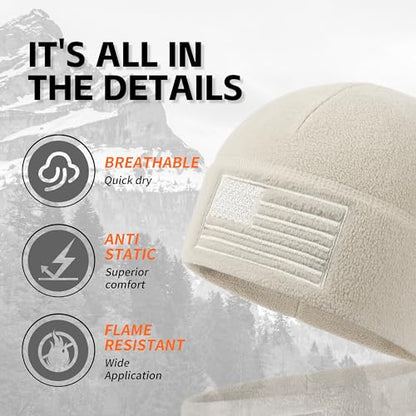 OUTDOOR SHAPING American Flag Fleece Beanie with Embroidered Patch Hat - color: Oatmeal