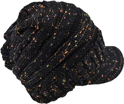 C.C Trendy Warm Oversized Chunky Soft Oversized Ribbed Slouchy Knit Hat with Visor Brim - color: Black Confetti