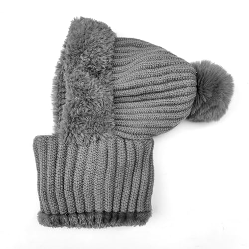 HUAMULAN Women Winter Knit Beanie Hats One Piece Fleece Lined Balaclavas - color: Gray + Faux Fur