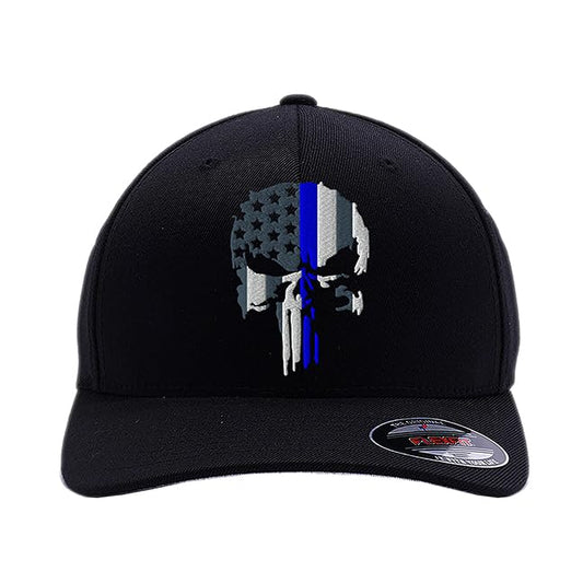 G&B Red Thin Red/Blue Line Spartan Helmet & Distressed Skull Flex Baseball Cap. Embroidered. 6277/6477 Flex Baseball Hat - color: Black-3, size: Large-X-Large