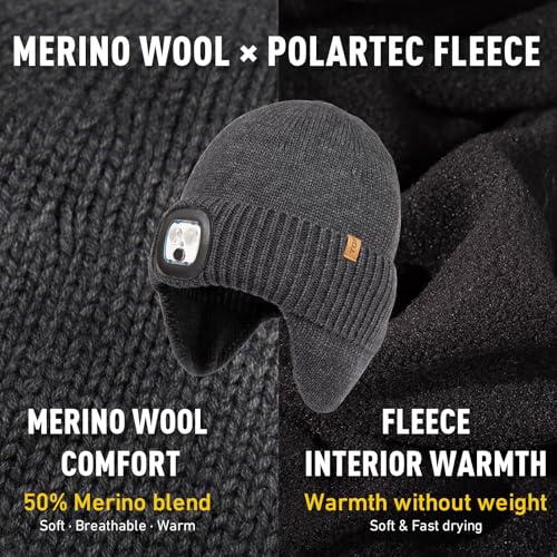 TOP-EX DryKnit™ Waterproof 50% Merino Wool LED Beanie Hat with Ear Flaps - color: Grey+gift Box, size: X-Large-XX-Large