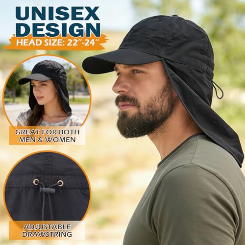 Baseball Sun Cap with Neck Flap, UPF 50+ Waterproof Sun Hat for Men Women - color: Black