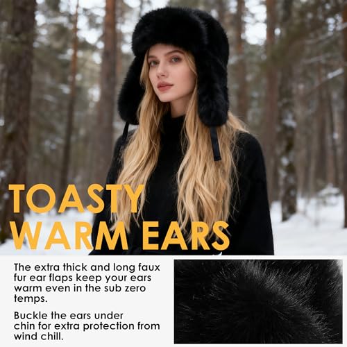 Trapper Hat with Ear Flaps - Winter Russian-Style Fur Pilot Ushanka, Windproof Skiing for Men & Women - color: Black02