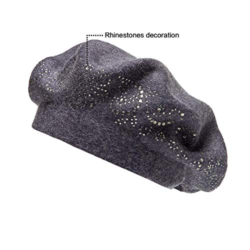 LADYBRO Rhinestone Beret Hats for Women 2 Layers Wool Knit Cap Lady Winter - color: Grey