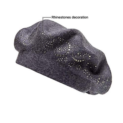 LADYBRO Rhinestone Beret Hats for Women 2 Layers Wool Knit Cap Lady Winter - color: Grey