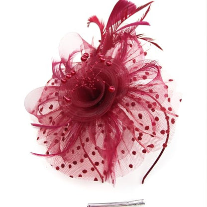 WLBON Fascinators Hat 20s 50s Headband Hair Clips Flower Mesh Veil Feather Headpiece Headwear Women Halloween Carnival Cocktail Wedding Church Cosplay Dress Up Birthday Tea Party Accessories Burgundy - color: Burgundy Tone