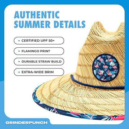 grinderPUNCH Straw Sun Hat for Men Women Wide Brim Beach Fishing UPF 50 - color: Flamingo Palm