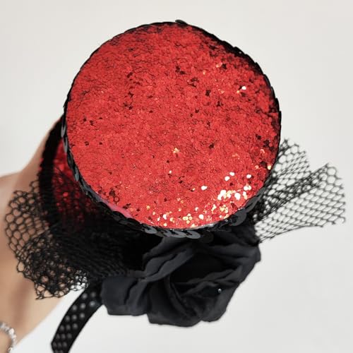 WLBON Halloween Mini Top Hat Headband 1920s Flower Sequins Hair Hoops Bands Fascinator Headpiece Hairband Women Christmas Holiday Festival Parade Cosplay Dress Up Birthday Tea Party Accessories Red - color: Red Tone