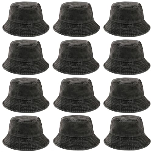 12 Pieces Vintage Washed Distressed Bucket Hat for Women Men Summer Twill Plain Bucket Cap - color: Black