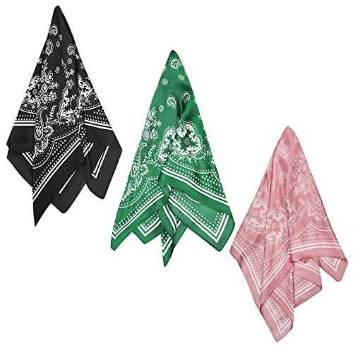 VANLINKER 27.5 Inches Silk Head Scarf for Women Men Vintage Bandanas Satin Hair Scarf Silk Wrap Neck Square Scarves VL9549 - color: Black Green Pink
