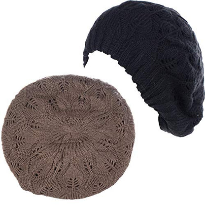 BYOS Women Mid-Weight Slouchy Leafy Cutout Crochet Soft Knit French Beret Hat - color: 2-pack-deep Taupe & Bk