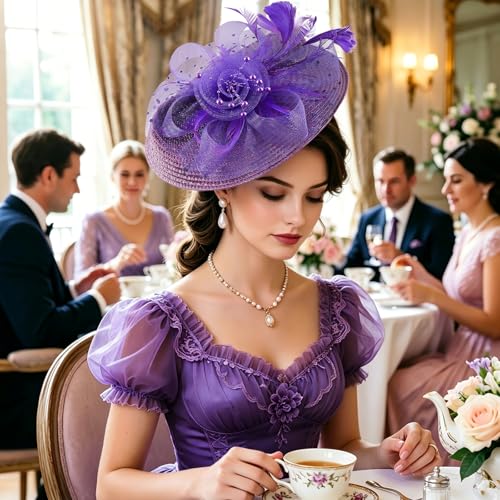 DRESHOW Fascinators Hat Flower Mesh Feathers Hat with a Headband and a Clip 7.9" Tea Party Headwear for Women - color: Folded Style 2: Purple / 7.9"