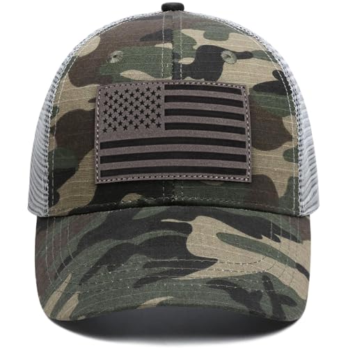 American Flag Trucker Hat - Snapback Hats for Men Women Baseball Cap - Breathable Mesh & Adjustable Fit for Casual Wear - color: Green Camo