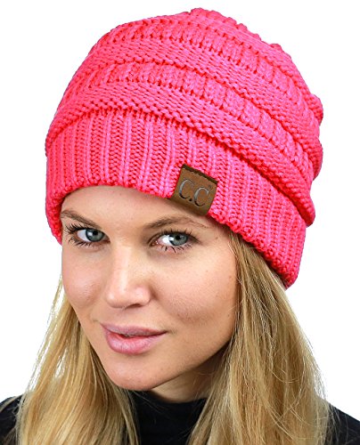 C.C Unisex Chunky Soft Stretch Cable Knit Warm Fuzzy Lined Skully Beanie - color: Candy Pink