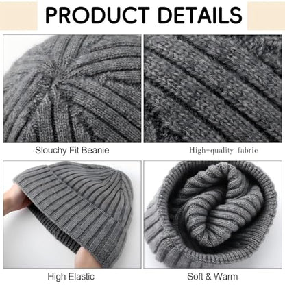 Shihanee 3 Pack Wool Knit Beanie Hats Ribbed Cuffed Winter Slouchy Hats
