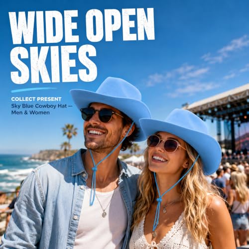 COLLECT PRESENT Plain Felt Cowboy & Cowgirl Hat for Men and Women | Western Studded Cowboy Hat in Adult Sizes - color: Blue